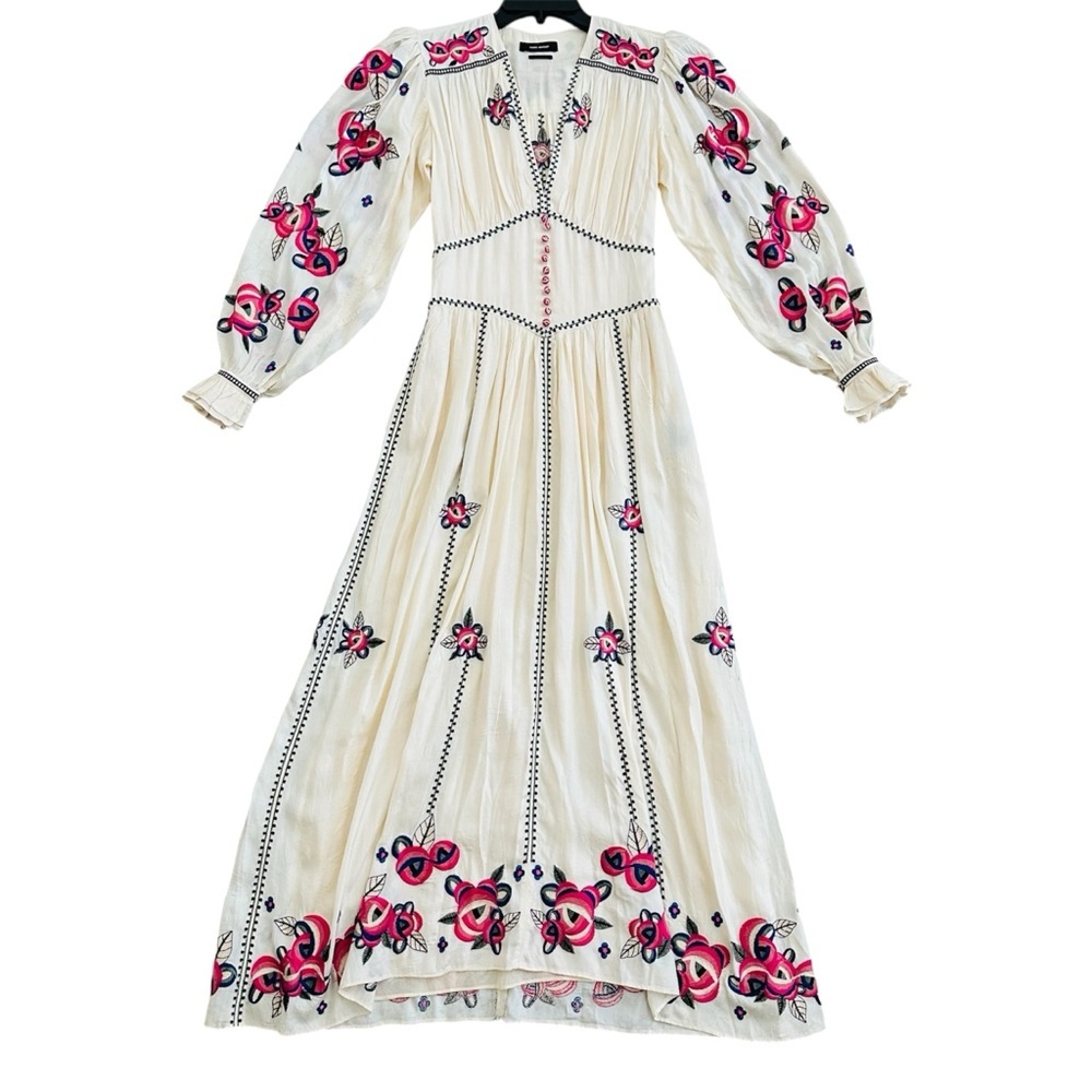 Isabel Marant Moyrae Embroidered Floral Silk Maxi Dress size 36 | US 4 Bohemian - Picture 6 of 16
